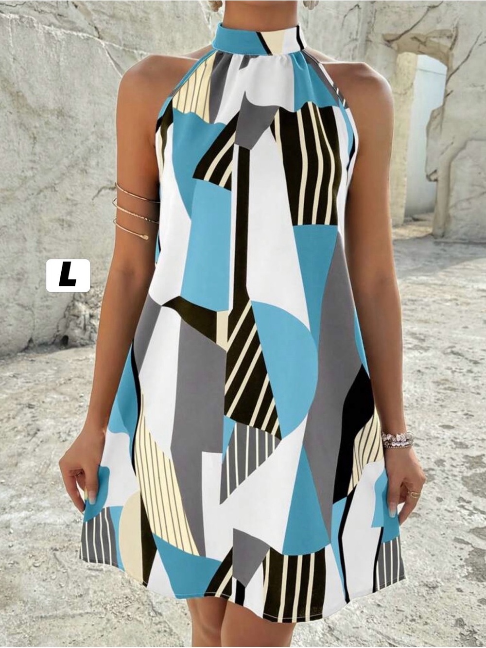 Geometric Print Halter Sundress - Blue & White
